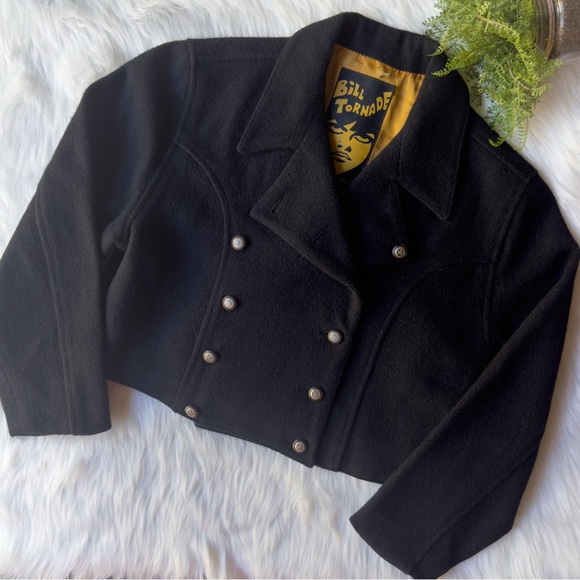 Black Cropped Jacket Bill Tornade Wool Cashmere Half Coat Double Breast Women 10 - Picture 1 of 7